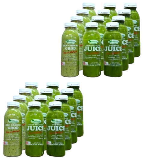 Grøn juicepakke med 24 x 330 ml Grøn Grød, Go Green og Green Selected – cremet grøn grød og frisk slowjuice med grøntsager.